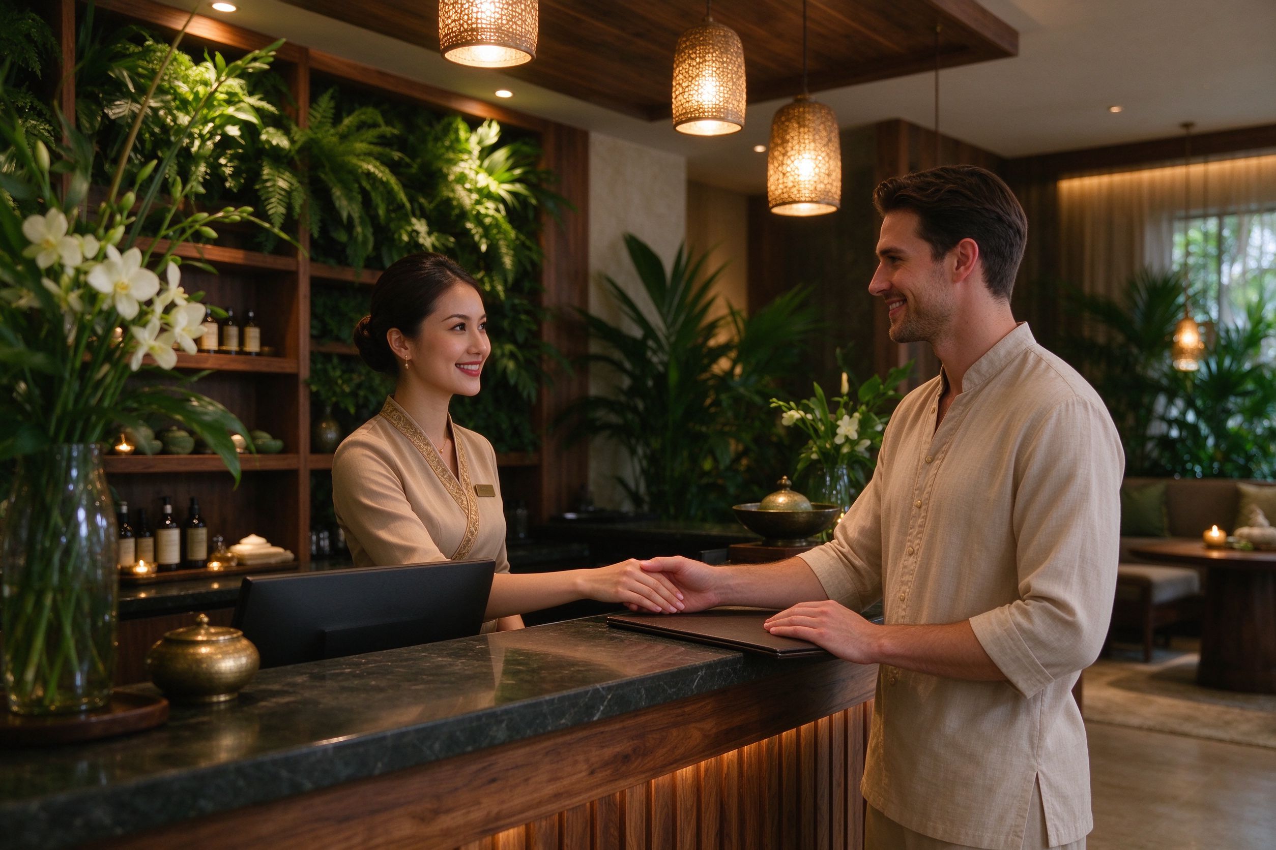 高端SPA水疗会所前台接待顾客